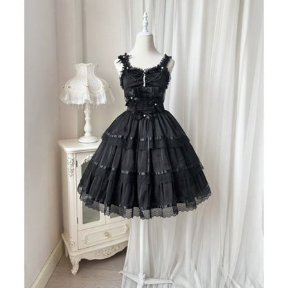 Sleeveless U-Neck Plain Tiered A-Line Lolita Dress - Black