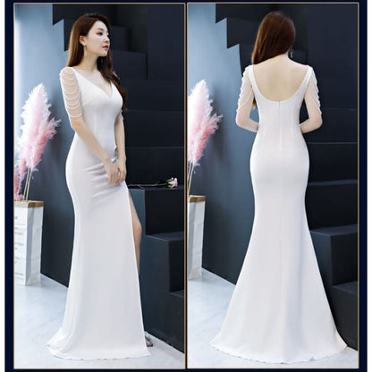 Sleeveless V-Neck Plain Beaded Slit Trumpet Evening Gown