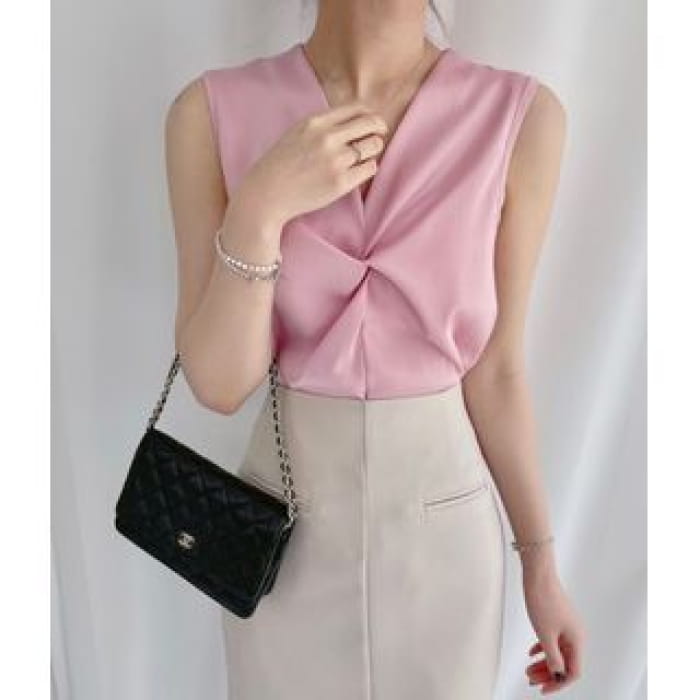 Sleeveless V-Neck Plain Twist Blouse - Pink / S