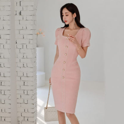 Slim Square Collar Pearl Button Front Office Dress