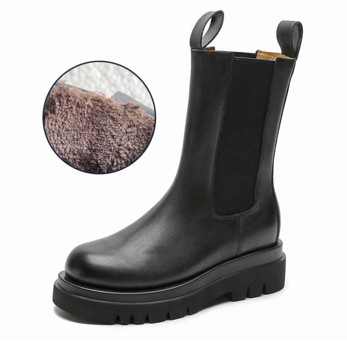 Slip-On Genuine Leather Platform Boots - Black A / Inner