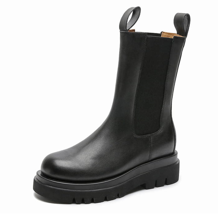 Slip-On Genuine Leather Platform Boots - Black A / Normal