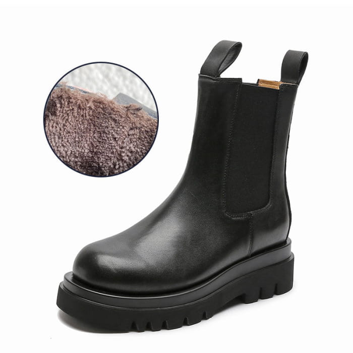 Slip-On Genuine Leather Platform Boots - Black B / Inner