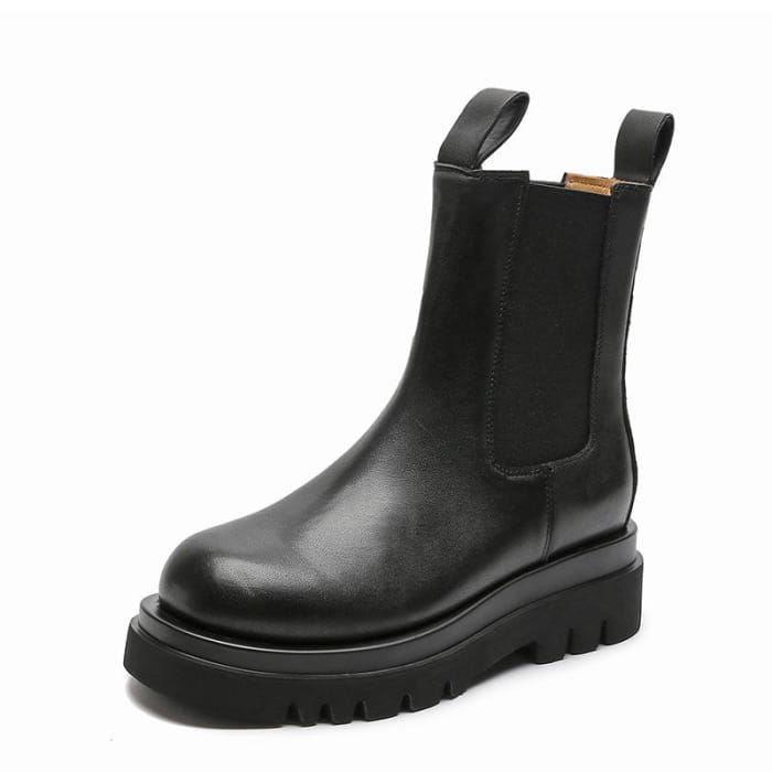 Slip-On Genuine Leather Platform Boots - Black B / Normal