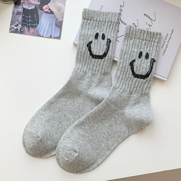 Smiley Face Print Ribbed Socks / Set