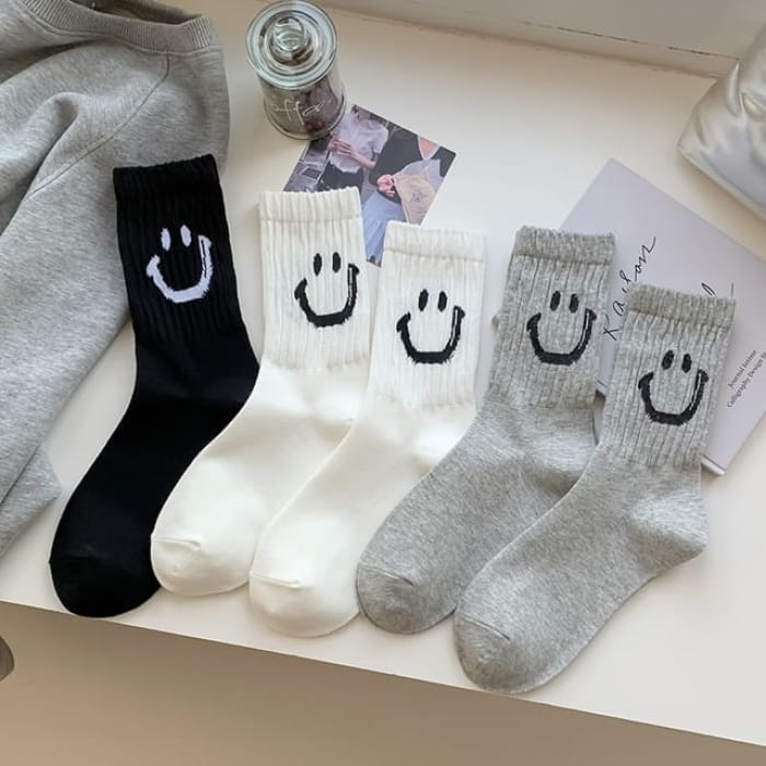 Smiley Face Print Ribbed Socks / Set