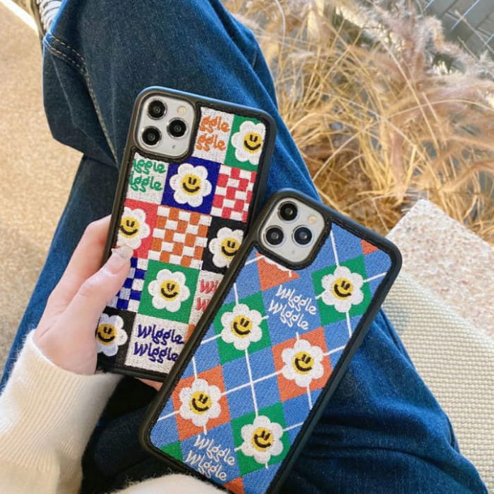 Smiley Flower Embroidery iPhone Case - IPhone