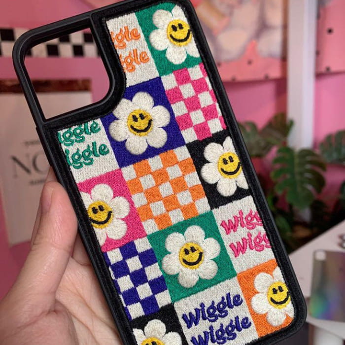 Smiley Flower Embroidery iPhone Case - IPhone