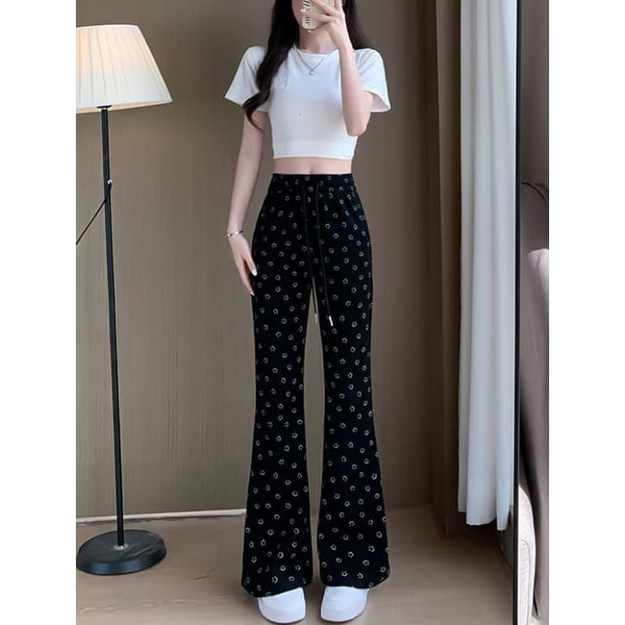 Smiley Print High Waist Drawstring Sheath Flare Sweatpants