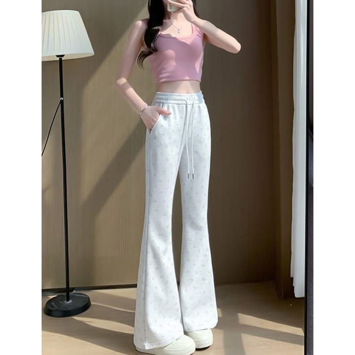 Smiley Print High Waist Drawstring Sheath Flare Sweatpants