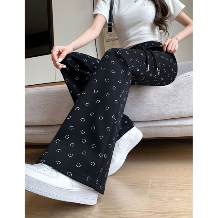 Smiley Print High Waist Drawstring Sheath Flare Sweatpants