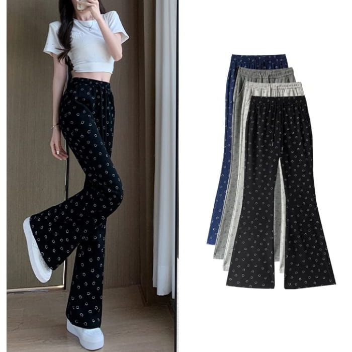 Smiley Print High Waist Drawstring Sheath Flare Sweatpants