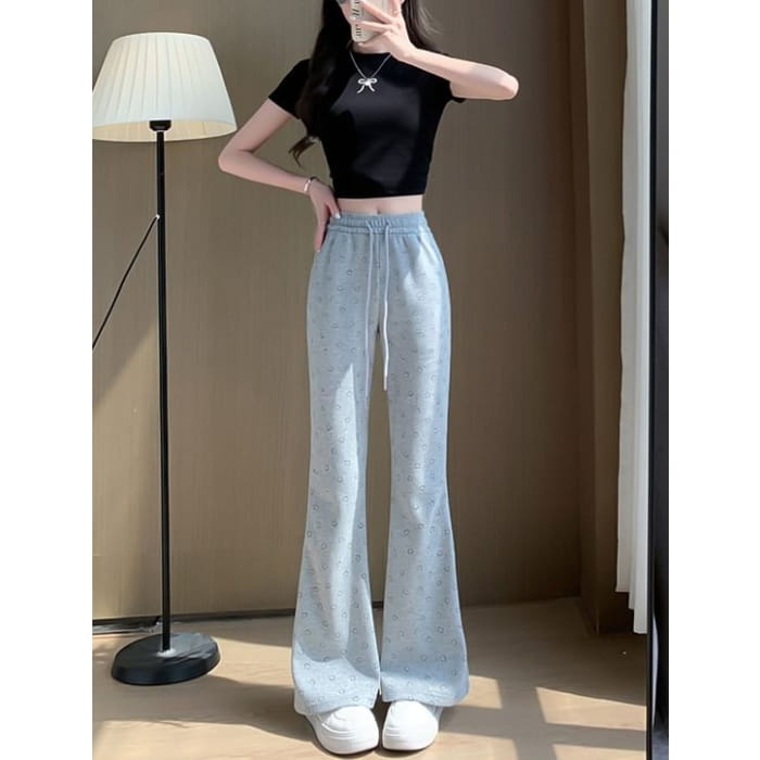 Smiley Print High Waist Drawstring Sheath Flare Sweatpants