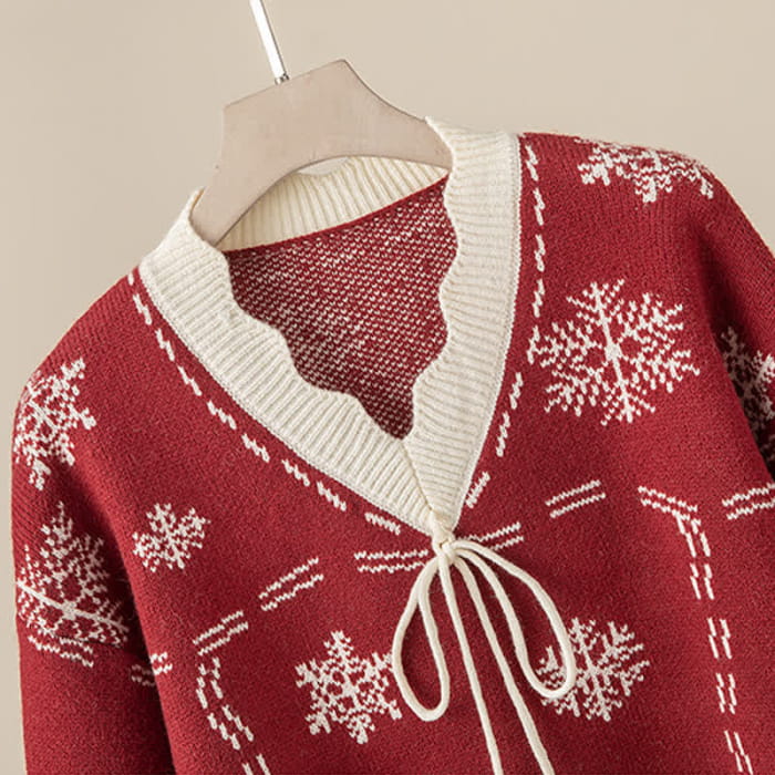 Snowflake Print Fuzzy Ball Sweater Flouncing Slip Dress