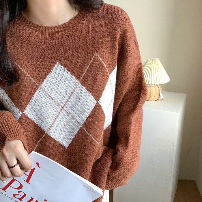 Soft Brown Argyle Sweater - Free Size