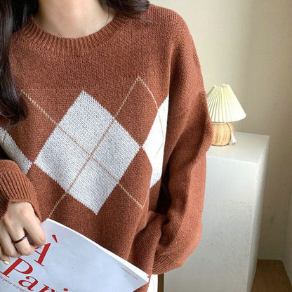 Soft Brown Argyle Sweater - Free Size