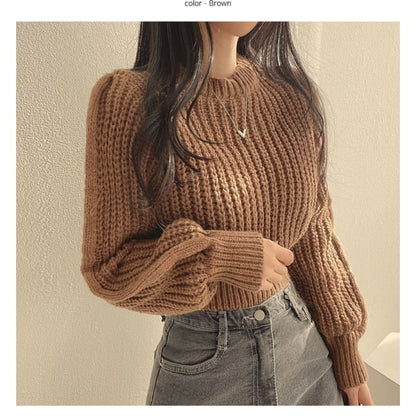 Soft Bubble-Sleeve Cropped Sweater