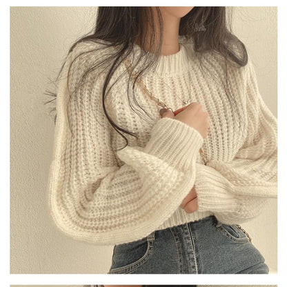 Soft Bubble-Sleeve Cropped Sweater