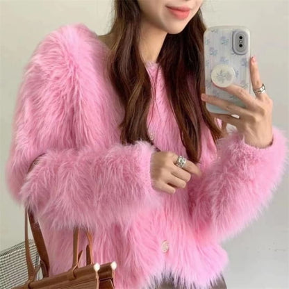 Soft Furry-Knit Cardigan - Pink / One Size