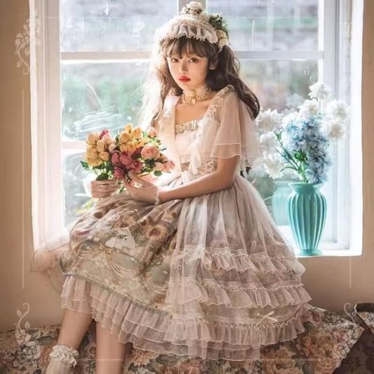 Spaghetti Lolita Strap Rabbit Print Midi A-Line Dress