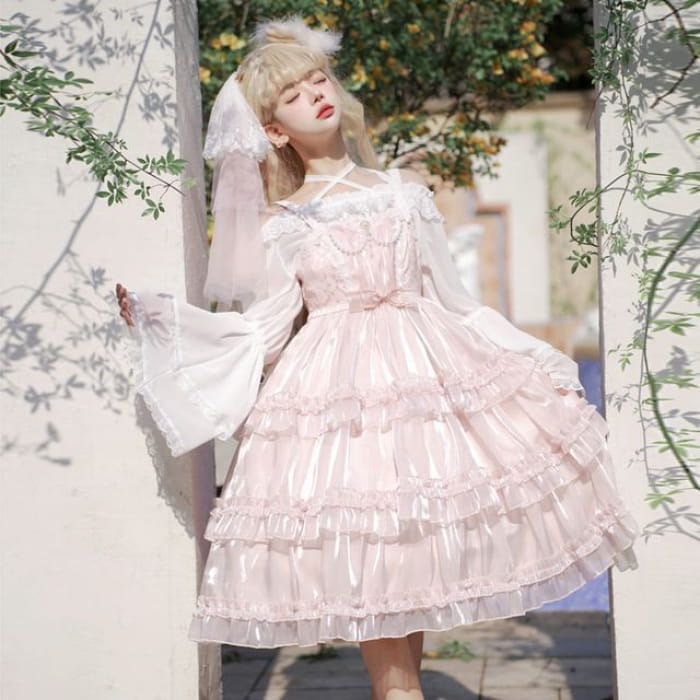 Spaghetti Strap Bow Two Tone Lolita A-Line Dress - Pink / S