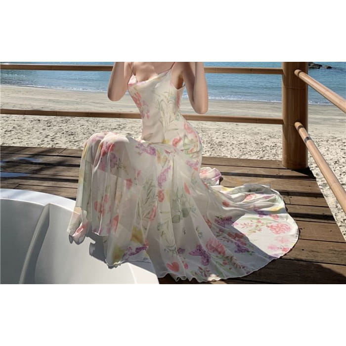 Spaghetti Strap Cowl Neck Floral Print Open Back Maxi