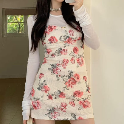 Spaghetti Strap Floral Print Lace Mini Sheath Dress