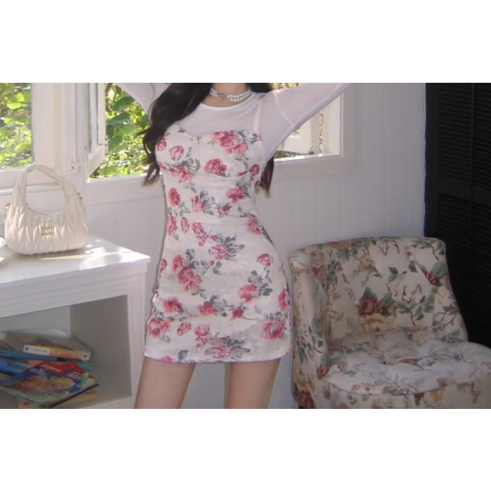 Spaghetti Strap Floral Print Lace Mini Sheath Dress