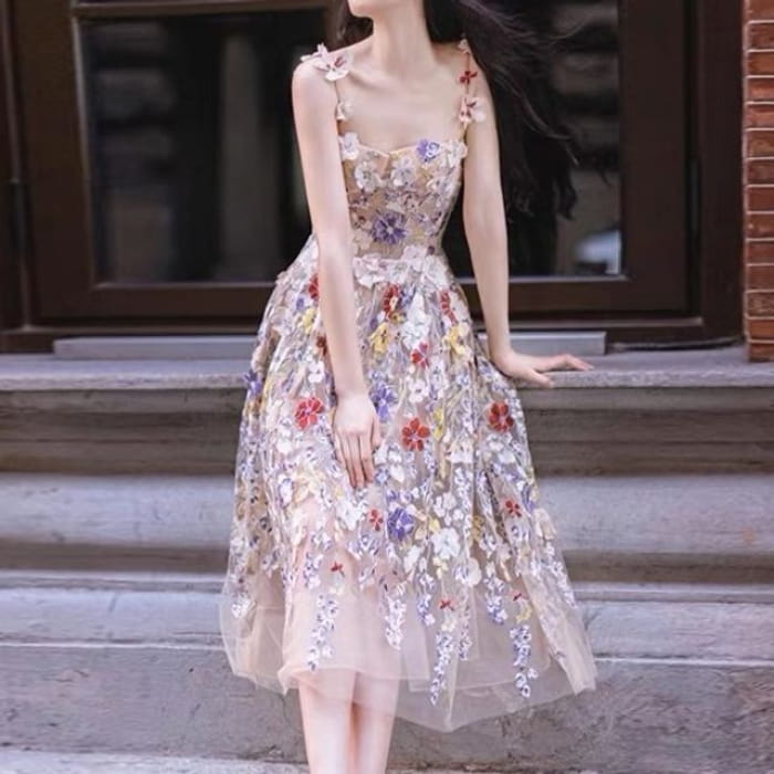 Spaghetti Strap Floral Print Mesh Midi A-Line Evening Dress