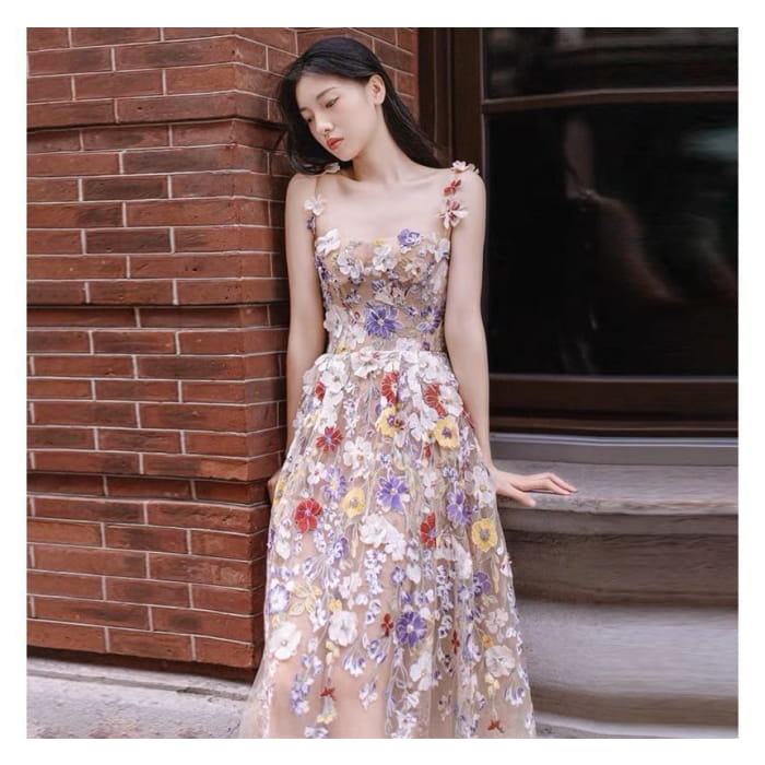 Spaghetti Strap Floral Print Mesh Midi A-Line Evening Dress