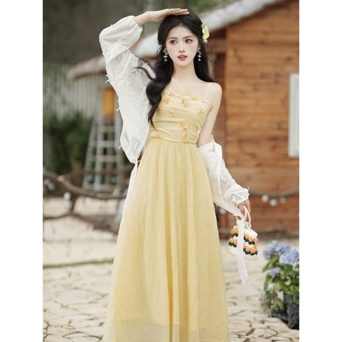 Spaghetti Strap Flower Detail Maxi - Dress - Yellow