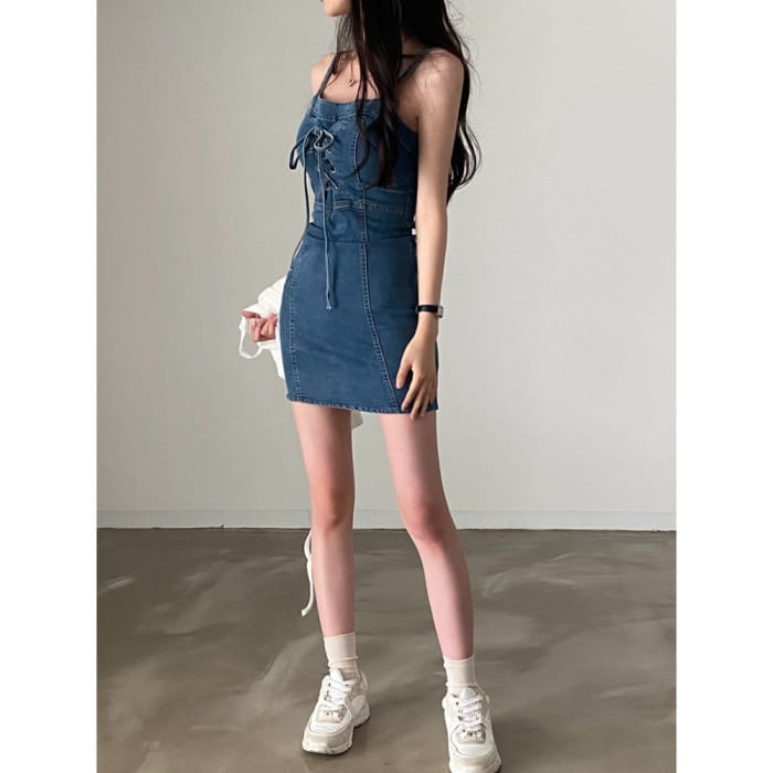 Spaghetti Strap Lace Up Mini Sheath Denim Dress