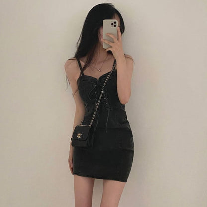 Spaghetti Strap Lace Up Mini Sheath Denim Dress