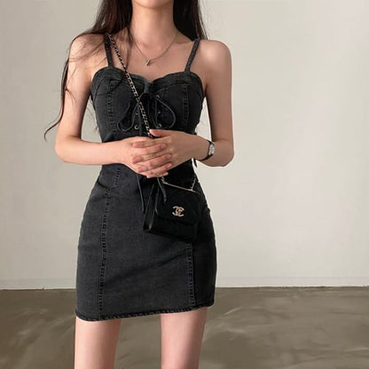 Spaghetti Strap Lace Up Mini Sheath Denim Dress