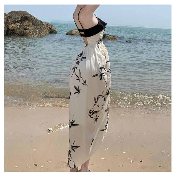 Spaghetti Strap Leaf Print Front-Slit Midi A-Line Dress