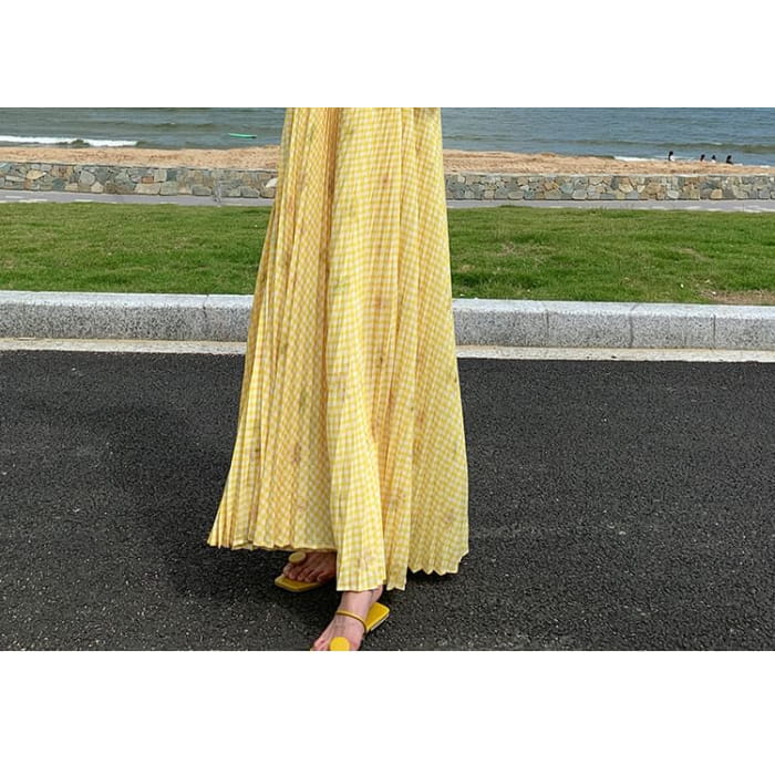 Spaghetti Strap Plaid Accordion Pleated Maxi