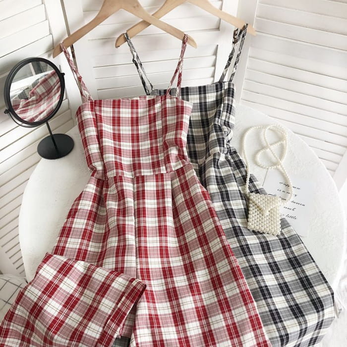 Spaghetti Strap Plaid Jumpsuit