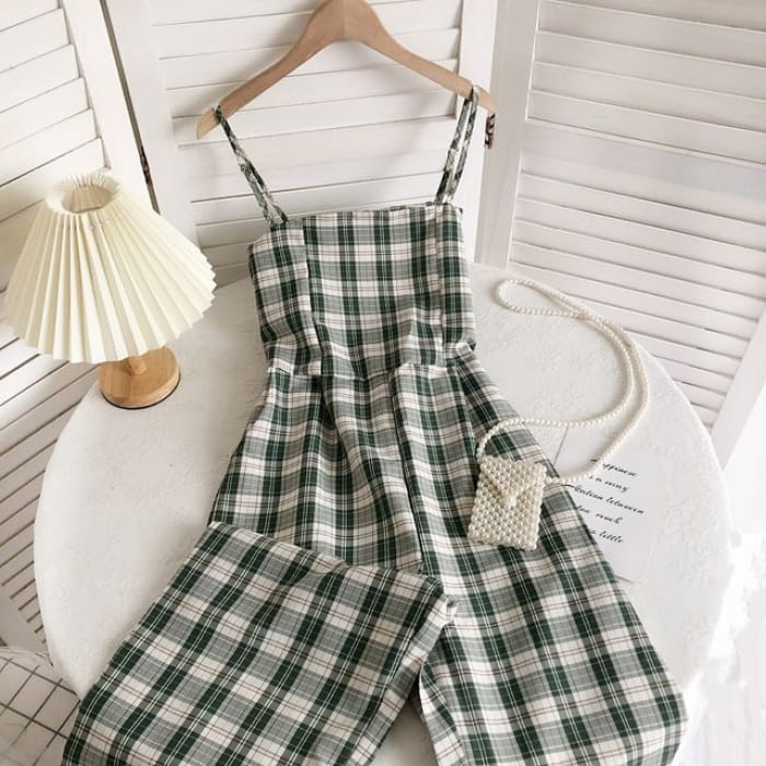 Spaghetti Strap Plaid Jumpsuit - Green / One Size