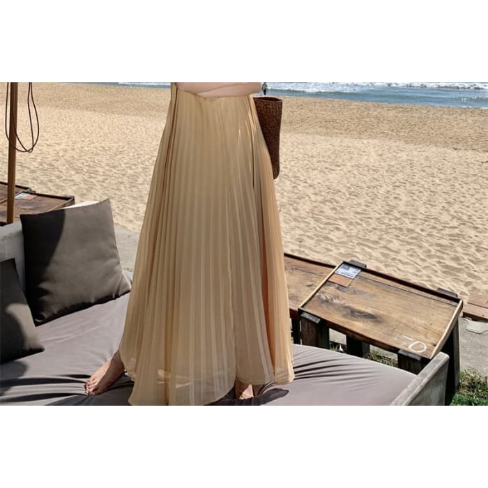 Spaghetti Strap Plain Accordion Pleat Midi Sundress