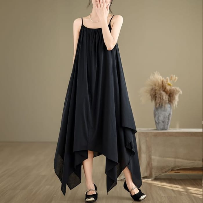 Spaghetti Strap Plain Asymmetrical A-Line Dress - Black / L