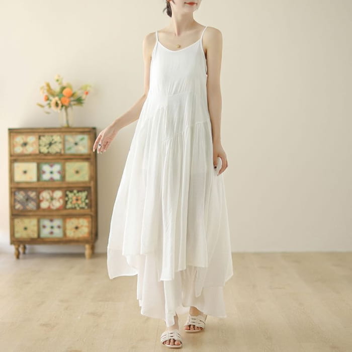 Spaghetti Strap Plain Asymmetrical Maxi Sundress