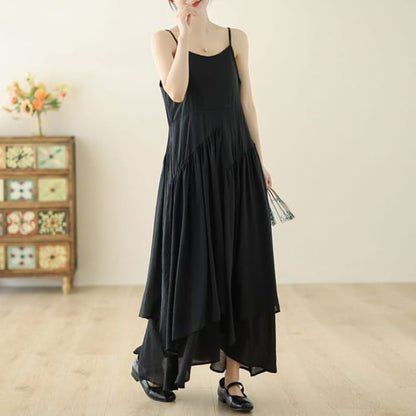 Spaghetti Strap Plain Asymmetrical Maxi Sundress - Black / L