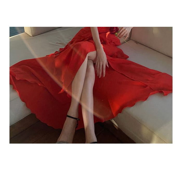 Spaghetti Strap Plain Asymmetrical Ruffle Trim Slit Maxi