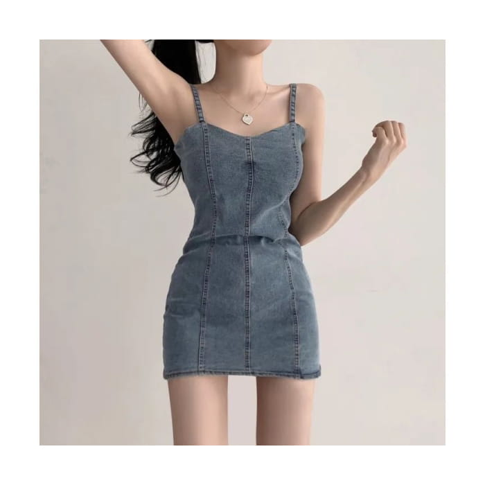 Spaghetti Strap Plain Denim Mini Bodycon Dress - Black