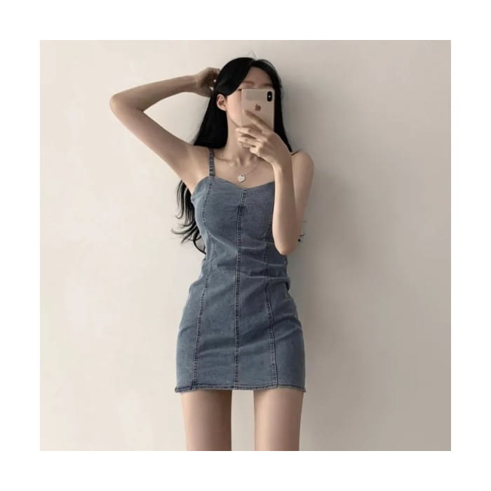 Spaghetti Strap Plain Denim Mini Bodycon Dress - Black