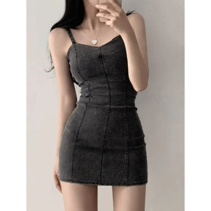 Spaghetti Strap Plain Denim Mini Bodycon Dress - Black