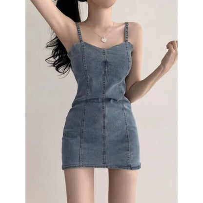 Spaghetti Strap Plain Denim Mini Bodycon Dress - Black