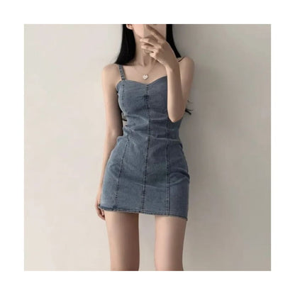 Spaghetti Strap Plain Denim Mini Bodycon Dress - Black