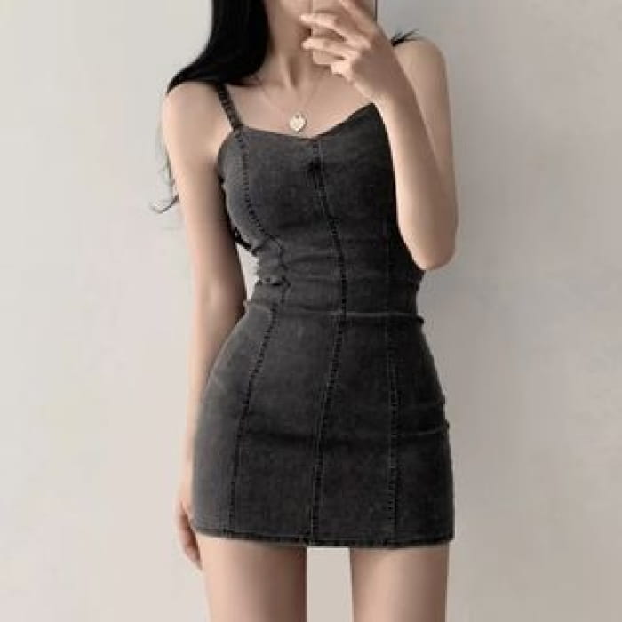 Spaghetti Strap Plain Denim Mini Bodycon Dress - Black