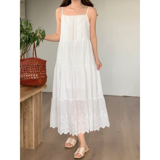 Spaghetti Strap Plain Eyelet Lace Tiered Midi A-Line Dress